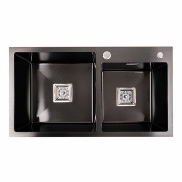 Кухонна мийка Platinum Handmade PVD HDB чорна 780х430х230 на дві чаші (квадратний сифон,3.0/1.0) 000036121 фото
