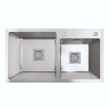 Мийка на дві чаші Platinum Handmade HDB 750х410х230 нержавійка (квадратний сифон, 3.0/1.0) 000039097 фото